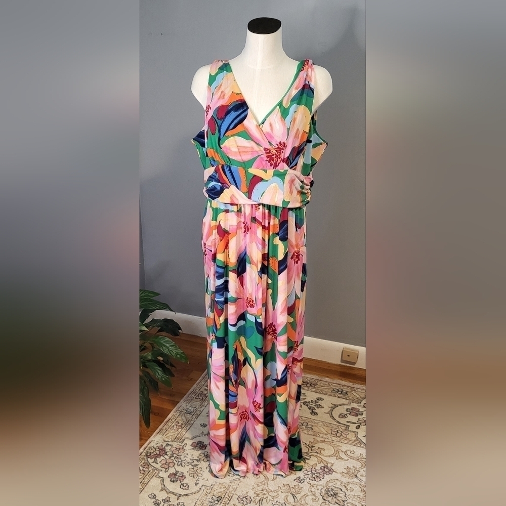Pappagallo Tropical Print V-Neck Pullon Faux Wrap Bodice Stretchy Maxi Size XL